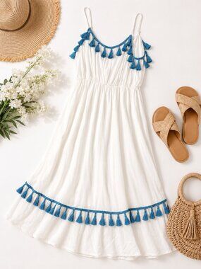 Anany White Blue Tassel Boho Midi Sundress Size Small